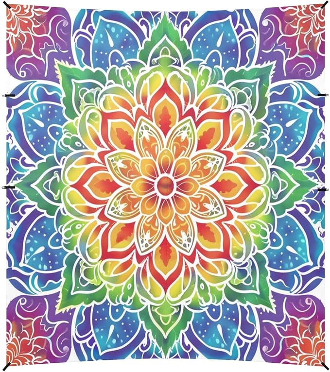 ALAZA Rainbow Mandala Flower Beach Tent Sun Shelter UPF50+ Protection Beach Shade Canopy w/ 4 Sandbags for Outdoor Camping Fishing Backyard Fun Picnic 10x9 ft