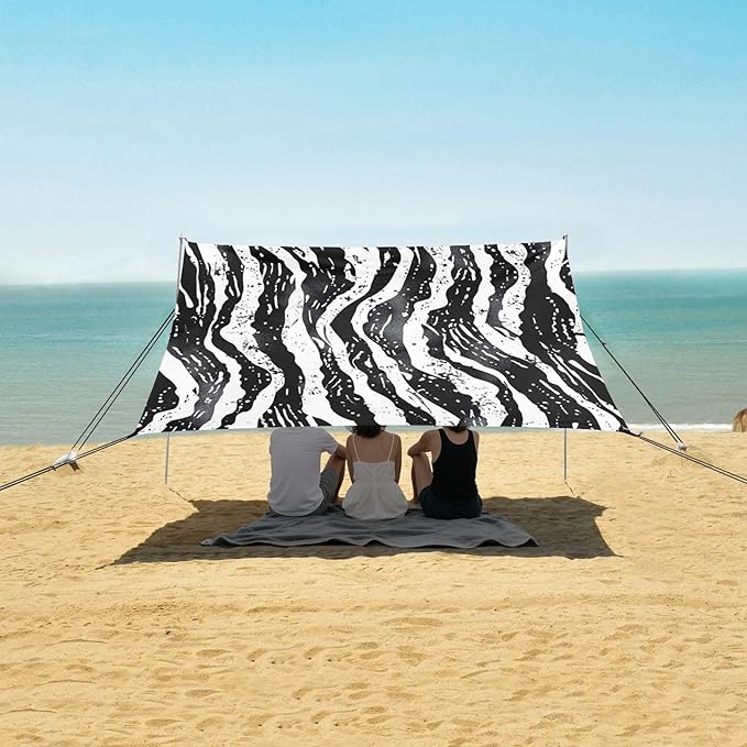 Zebra Stripes Black Beach Tent Sun Shelter 9.2' x 10.5' Beach Canopy with 4 Sandbags 4 Stability Poles Sand Shovels - Tent Canopy for Beach Camping Fishing Picnics