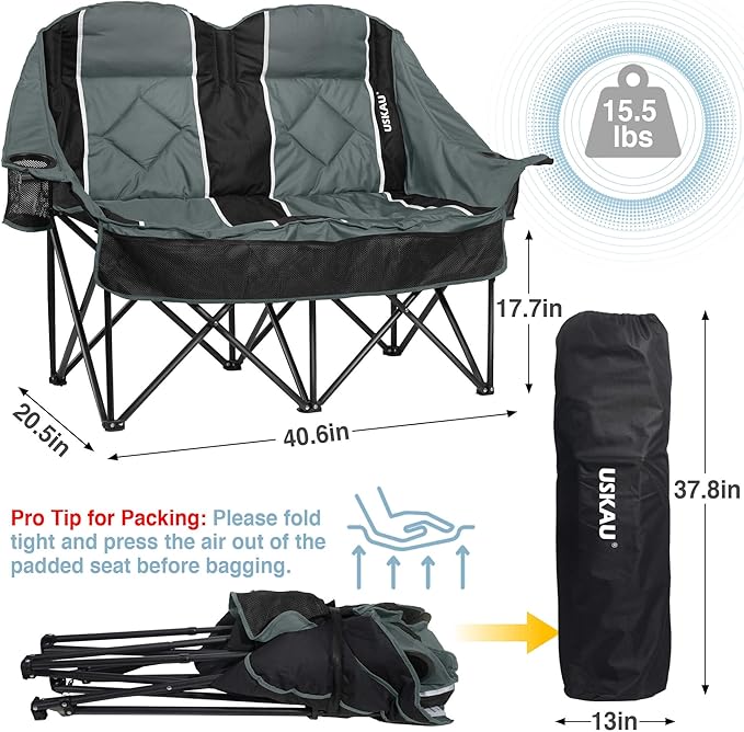 Oversized USLCamping Chair - 2 Person Portable Folding Outdoor Loveseat Heavy Duty Lawn Chairs for Adults with Padded Cushion &amp Dual Cup Holders Supports 660LBS for CampingSportsPicnic (Grey)