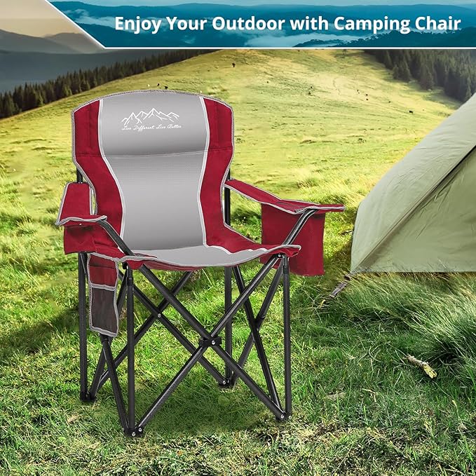 Folding Camping Chair Portable Outdoor Heavy Duty Padded Chairs Lawn Chair with Cup Holder Storage Pocket and Cooler Bag Supports 450LBS Red