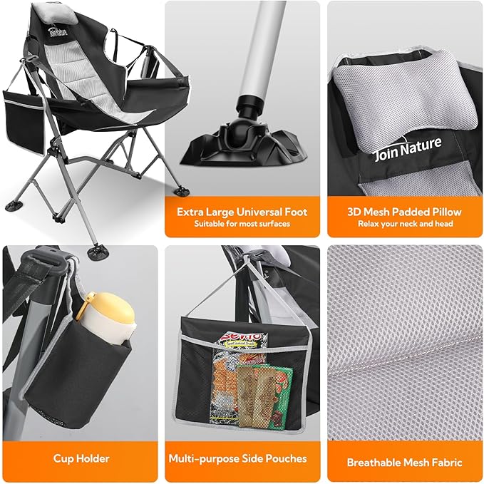 Oversized Hammock Camping Chairs Folding Swing Chair with 1-Step Design Swinging Hammock Chair with Adjustable Backrest Lumbar Support &amp Headrest for Outdoor&ampIndoor Support 400LBS Black