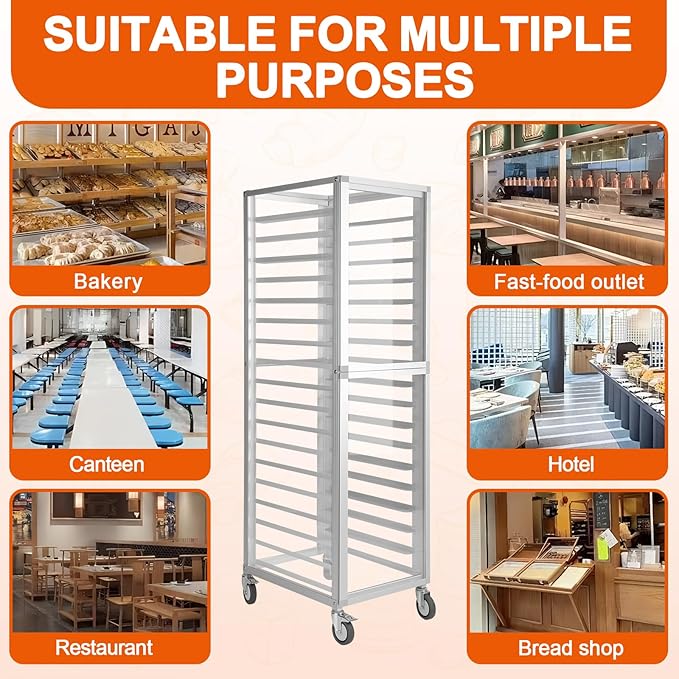 QUNZIDRESS18 Pan Commercial Bakery Rack - 18.5x24.6x70in Aluminum Cooling Speed Rack with Wheels for Home Kitchen Hotel Storage Trolley