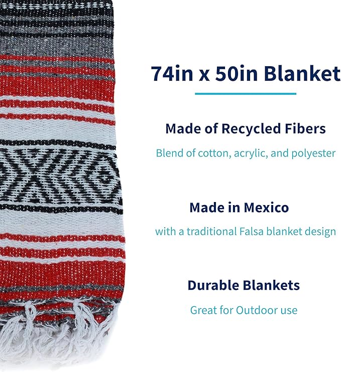 La Montana Mexican Blankets and Throws 4 Pack 74x50 - Made in Mexico Lightweight Yoga Blanket for Schools Studios Outdoors Camping Picnic Decor - Machine Washable Red/Charcoal/White