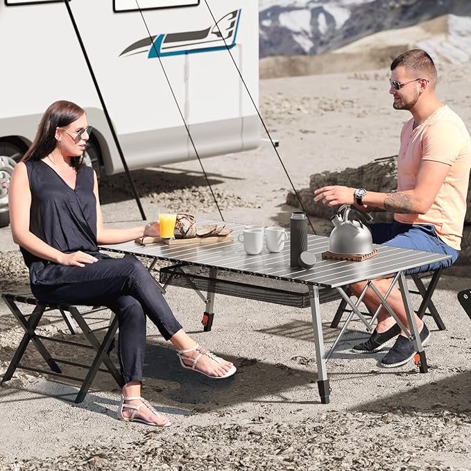 MADOG Folding Camping Table 47'' Portable Aluminum Roll Up Table with Carry Bag Camp Convenient for Picnics Camping Silver