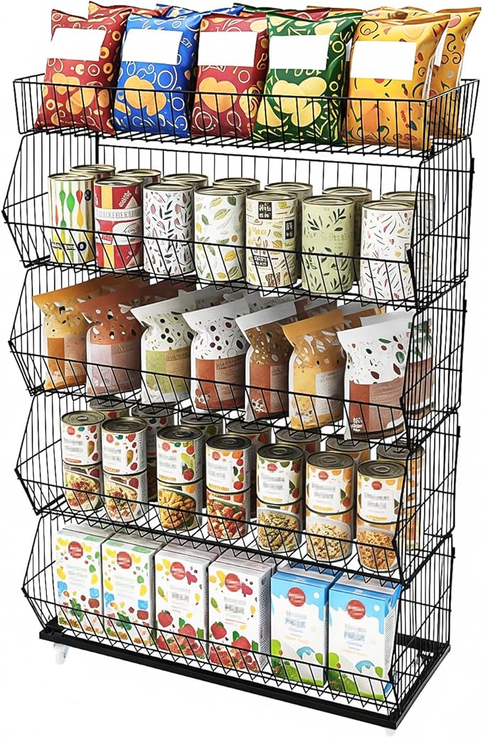 5 Tier Retail Display Rack Snack Organizer Stand with Wheels Candy Potato Chip Metal Wire Display Shelf CartSnack Rack for Supermarket and Home Kitchen Black