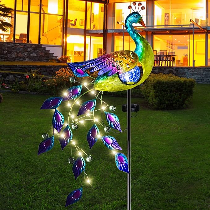 DREAMSOUL Solar Garden Lights Outdoor Metal Peacock Decor Solar Lights Garden Stakes with Led String Lights Waterproof Crackle Glass Ball Landscape Path Light for Lawn Patio
