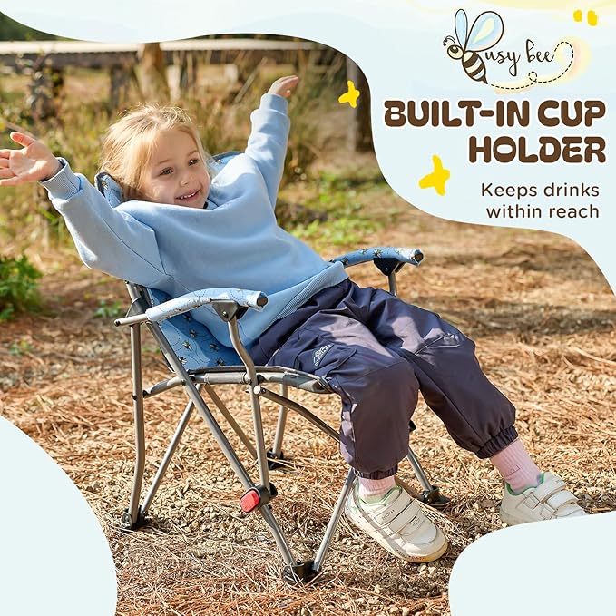 Busy Bee Oversized Kids Camping Chair with Cup Holder High Back Toddler Chair Kids Folding Chair Perfect for Beach &amp Outdoor Supports 150 Lbs.