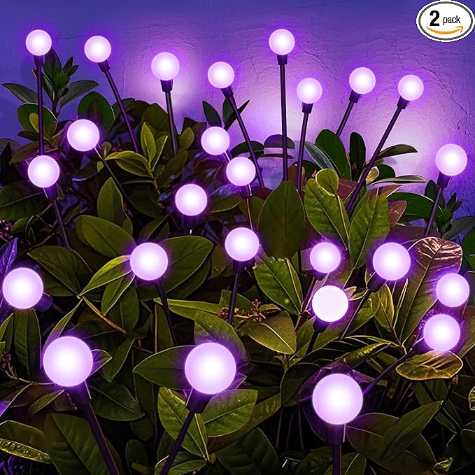 Solar Garden Lights 16 LEDs Purple 2 Pack 8 Heads Outdoor Waterproof Swaying Firefly Lights for Yard Patio Pathway Lawn Decorations