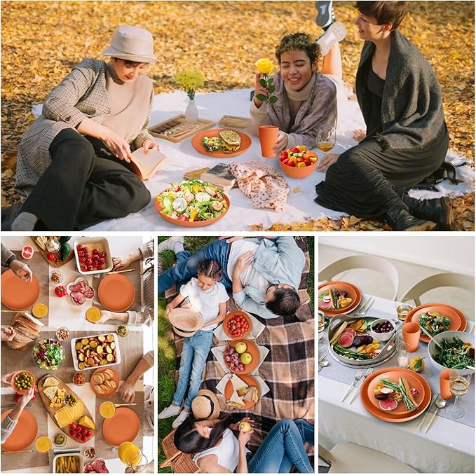 Orange Plastic Dishes Set for 8 includes Dinner PlatesPasta BowlsSoup Bowls and Drinking CupsUnbreakable Orange Plastic Plates Set Microwave Dishwasher Safe For Thanksgiving Dinnerware Sets32PCS