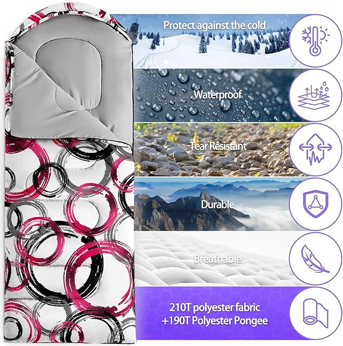 Sleeping Bags for Adults and Kids3D Printing Camping Sleeping Bag for Girls Boys Lightweight Waterproof Cold/Warm 3-SeasonOutdoor Travel with Compression Bags