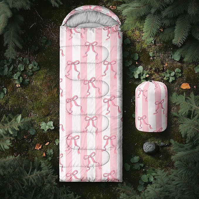 Girls Bow Sleeping BagPink Bowknot Waterproof Portable Camping BagPink and White Stripes Girly Portable Compact with Compression Sack for Backpacking Outdoor Indoor in Spring Summer Fall