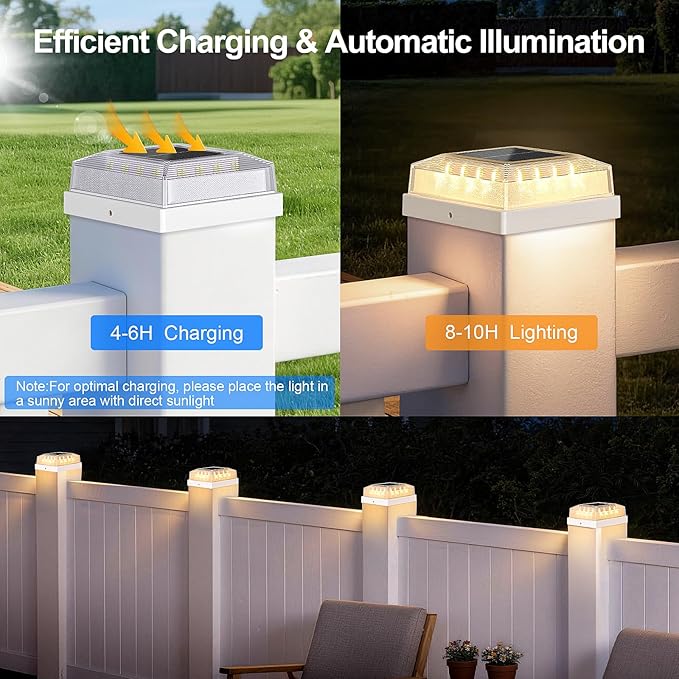 Brightever Solar Post Cap Lights Outdoor with 3 Lighting Modes 6-Pack Solar Fence Post Lights Waterproof Solar Powered Deck Post Lights Fits 4×4 Wood/Vinyl Posts Ideal for Garden Patio Porch White