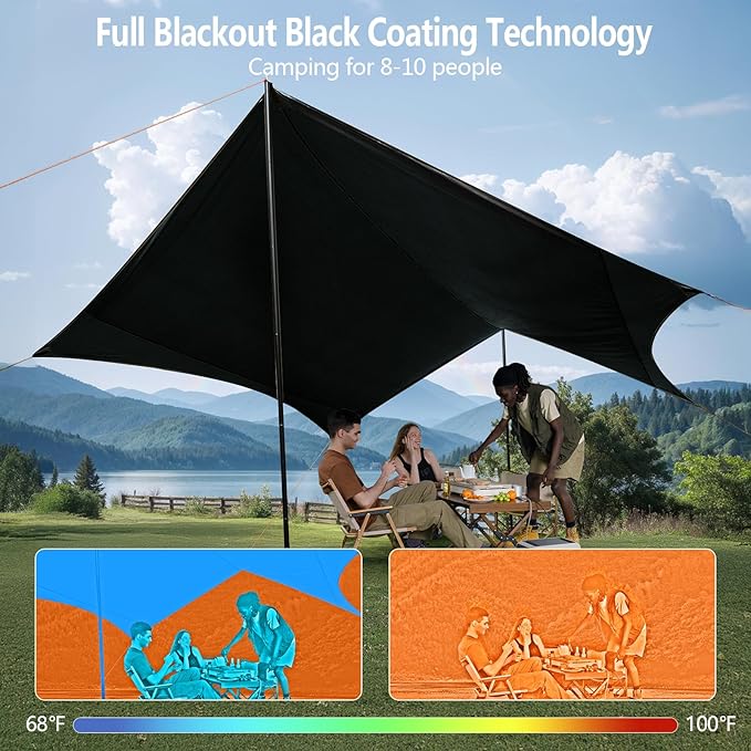 Camping Tarp with Poles &amp Retainer 15x12.5FT Large Waterproof Canopy 210D Oxford Cloth UPF80+ UV Sunshade Shelter Portable Car Awning for Outdoor Camping Hammock Backpacking &amp Beach (Gree