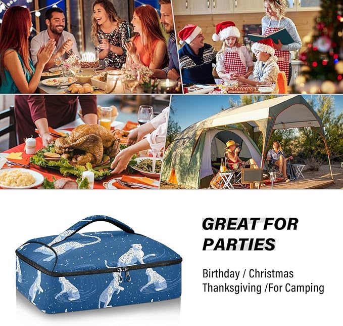 Casserole Carrier Pattern White Blue LeopardsInsulated Casserole Carrier for Hot or Cold Food Thermal Lunch Tote for Potluck Parties Picnic Beach Fits 9 x 13 Inches Baking Dish