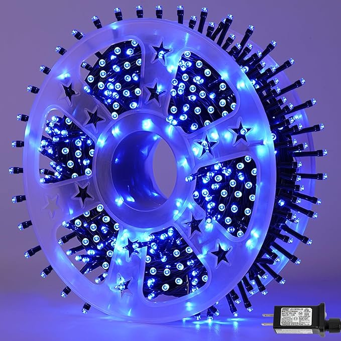 QITONG 165ft 500LED Blue Christmas Lights String Lights Outdoor Waterproof Plug in Green Wire Twinkle Tree Lights with 8 Modes