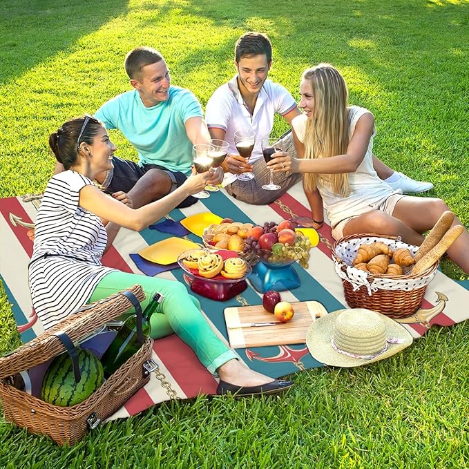 Waterproof Sandproof Beach Blanket 59''×68'' Ocean Anchor Pattern Polyester Outdoor Picnic Blanket with 4 Stakes &amp Storage Bag for BeachCampingVacation