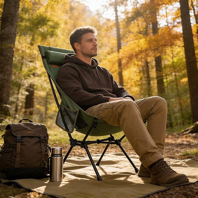 TOBTOS Portable High Back Camping Chair Support 440 lbs Ultralight Folding Chair with Head Support Compact Backpacking Chair for Outdoor Camp Backpacking Fishing (Green)