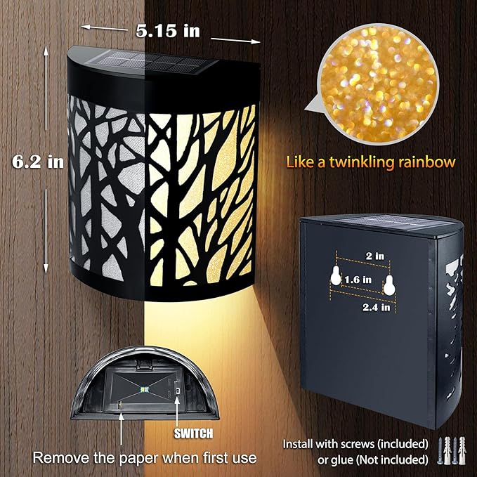 DenicMic Solar Wall Lights Outdoor Wall Sconce Fence Lighting for Patio Front Door Yard Deck Stair Led Forest Decorative Lamps Waterproof Warm White/Color Changing (2 Pack)
