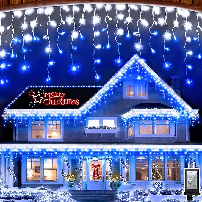 82FT 810 LED Outdoor Christmas Lights - 180 Ice Drops 12 Pro Modes with Timer Memory &amp Brightness Waterproof Hanging Ice String Light for Holiday Wedding Garden Fence House Decor (White &amp Bl