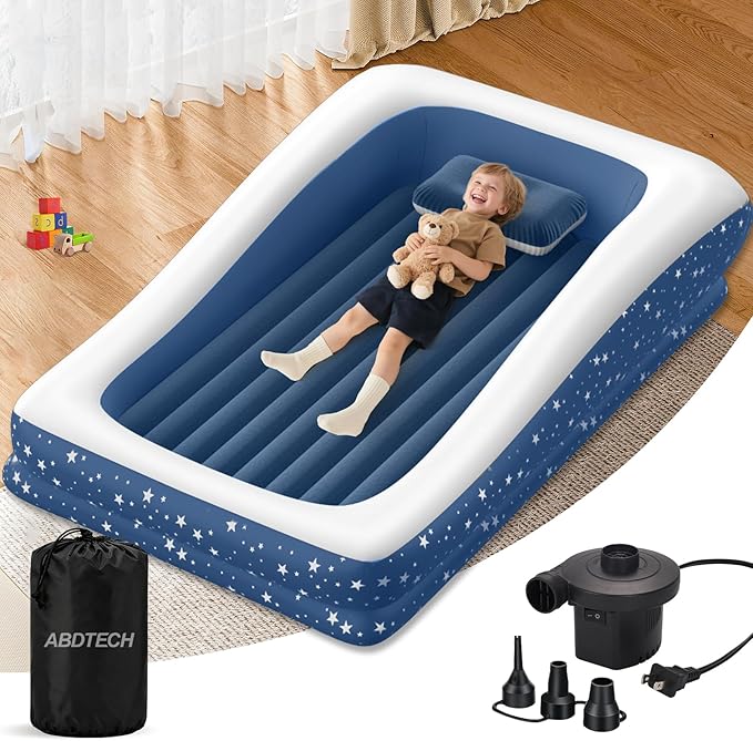 Inflatable Toddler Travel Bed: Portable &amp Safety - Blow Up Toddler Bed Travel with 4 Sides - Kids Air Mattress Ideal for Outdoor Camping - Easy to Inflate Deflate and Clean (67” Blue)