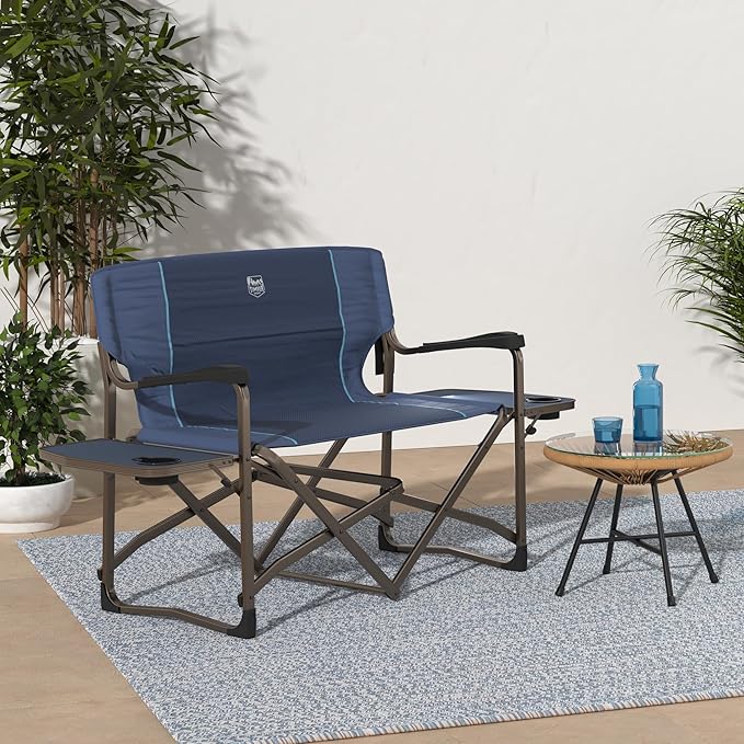 Timber Ridge Double Camping Chair Foldable Loveseat Directors Chairs Oversized Double Folding Camping Chairs with 2 Side Tables 2 Person Lawn Chair Heavy Duty Support 600 LBS for Outdoor Blue