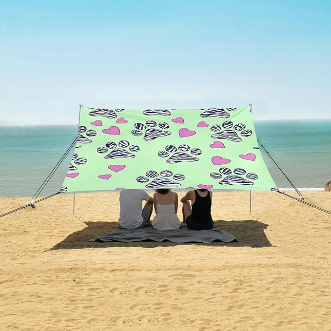 Bolaz Beach Canopy Tent Sun Shade9'×10.5' Large Family Beach Shade UPF50+- Outdoor Shade for Camping Trips FishingFootprint Love Pattern