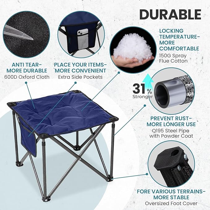 FUNDANGO Folding Camping Stool 2 Pack 18.1 Inch Oversized Foot Stools 400 Lbs Heavy Duty Portable Padded Seat Anti-Slip Foots &amp Carry Bag for Fishing Outdoor Lawn Travel (Blue)