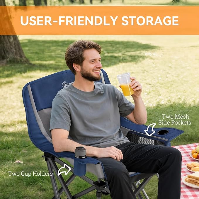 Outsunny Double Camping Chair for Adults Padded Folding Camp Chair for 2 Person with Armrest Wine Glass Holder Cup Holder Carry Bag for Outdoor Sports Picnics Supports up to 552 lbs.