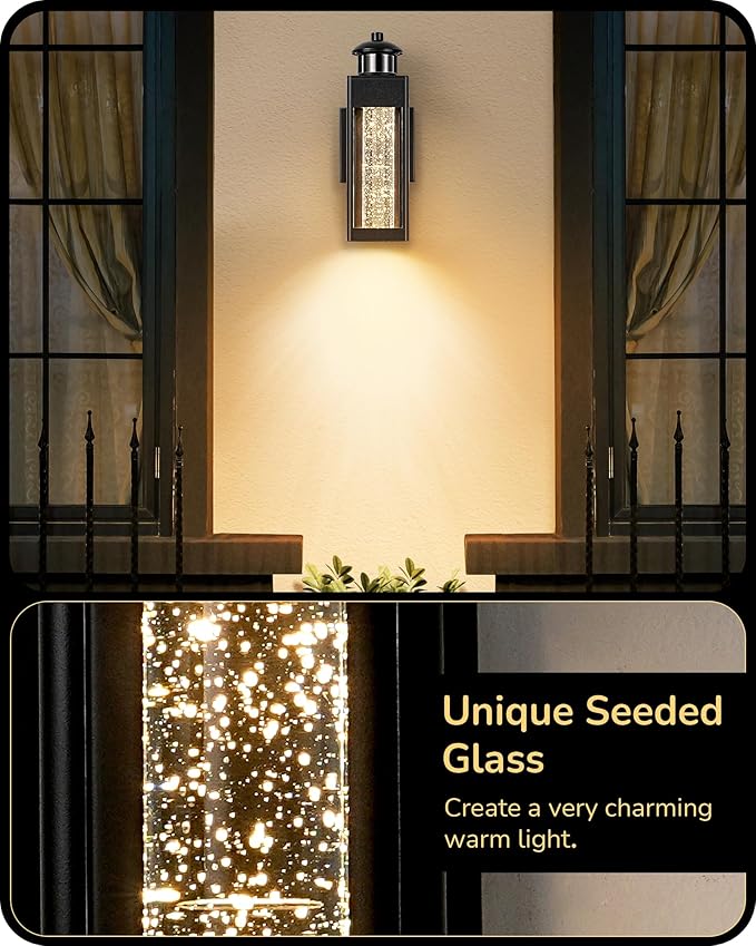 EDISHINE Motion Sensor Porch Lights Outdoor Dusk to Dawn Exterior Lighting Fixtures with Crystal Bubble Glass LED Outside Wall Sconce Lantern for Garage 1100 Lumen
