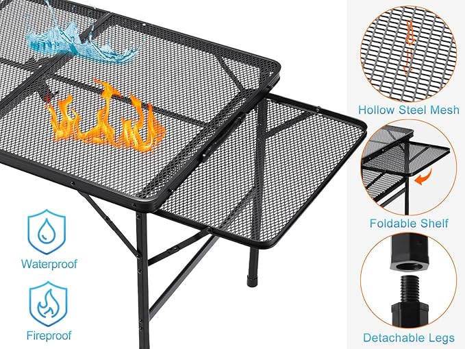 Large Folding Camping Table - Metal Mesh Grill Table with 2 Wing Panels | 2 Adjustable Heights | Large Picnic &amp Outdoor Table | Expandable Shelves Lightweight (4.4 FT Black)