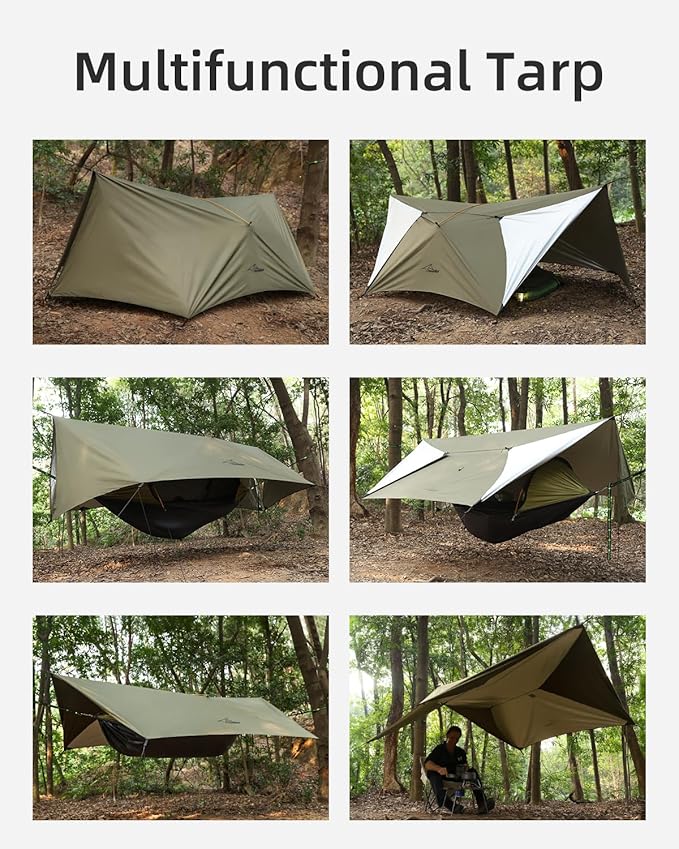 Ultralight Tarp 14ft Hammock Rain Fly Lightweight Waterproof Camping Tent Tarp with Doors Bushcraft Tarp Shelter for Backpacking Hiking Camping