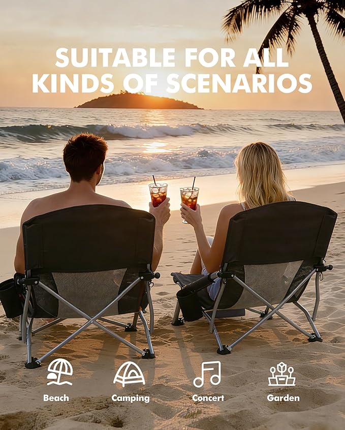 AKSOUL Folding Beach Chair for Adults: Low/High Back Chairs with Carry Bag - Extra Wide Seat Chair with Comfortable Pillow &amp Storage Pocket (1 Pack &amp 2 Pack Blue)
