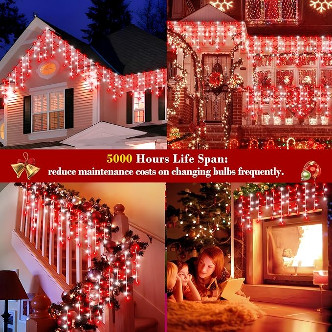 XURISEN 66ft Christmas Lights Decorations Outdoor 640 LED 8 Modes Curtain Fairy Lights with 120 DropsPlug in Waterproof Timer Memory Function for Christmas Holiday Wedding Party Decor(Red+White)