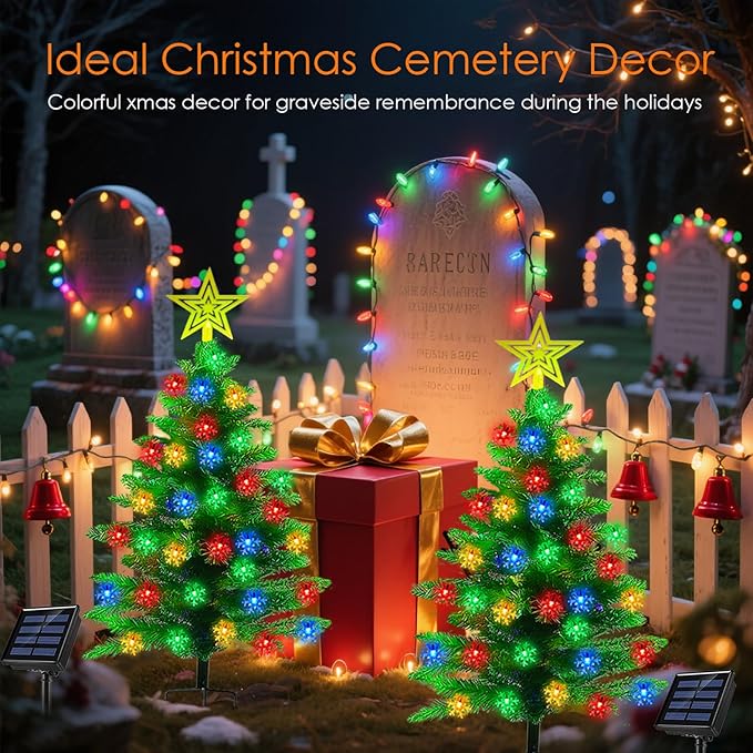 2 Pack 3.6Ft Solar Christmas Tree with 100 Snowflake Lights Waterproof Christmas Decorations Outdoor Solar Christmas Lights Outdoor Xmas Tree for Yard Pathway Porch Cemetery Holiday Decor