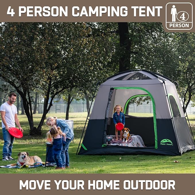 Happy Travel Tent 4 Person Tents for Camping Waterproof Easy Setup Camping Tent with Top Rainfly Portable Tall Cabin Tent with 4 Mesh Windows and Carry Bag for Outdoor Camping &amp Hiking