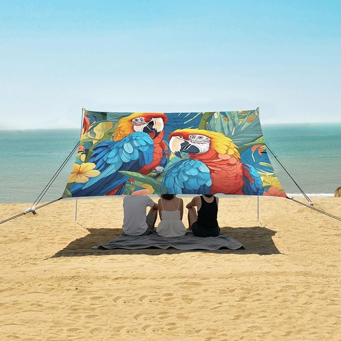 Macaw Pattern Beach Tent Sun Shelter 9.2' x 10.5' Beach Canopy with 4 Sandbags 4 Stability Poles Sand Shovels - Tent Canopy for Beach Camping Fishing Picnics