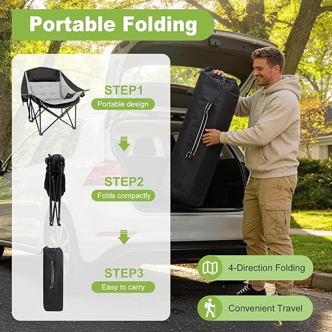 Slendor Oversized Camping Chairs - Heavy Duty Padded Outdoor Folding Camp Chair with Cup Holder and Carry Bag for Outside Sports Beach Fishing Lawn Portable Supports 500lbs Black Gray