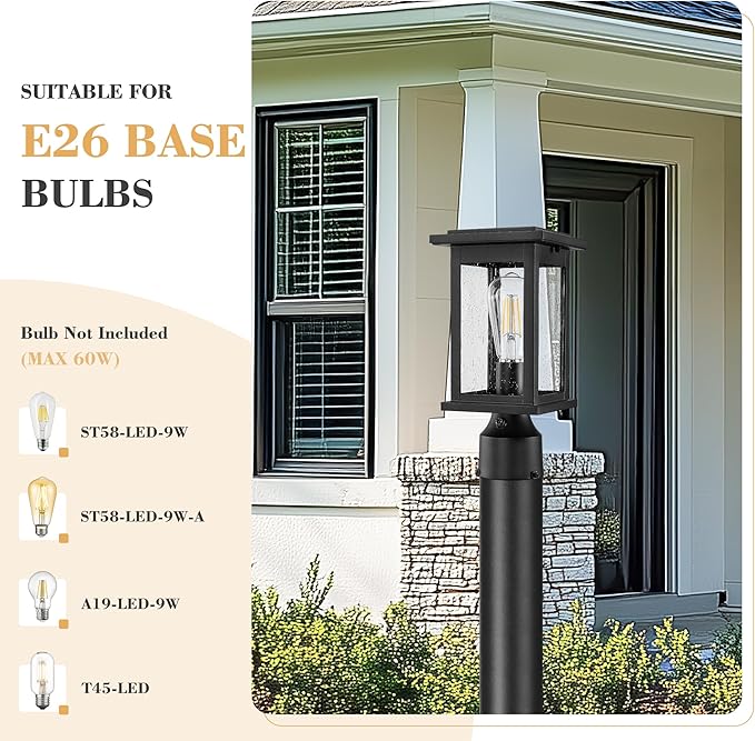 Emliviar Dusk to Dawn Post Light Outdoor 1-Light Exterior Pole Lamp for Porch Outside Pillar Lantern with Photocell Sensor Black Finish with Seeded Glass 1803EW1-P PC