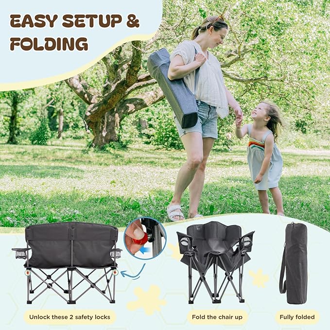 Busy Bee Kids Camping Chair 30.3 Wide Loveseat Perfect Child Couch for Home Movie Nights Patios or Picnics Adjustable Arms Cup Holders and Anti-Collapse Lock Supports up to 300 Lbs.