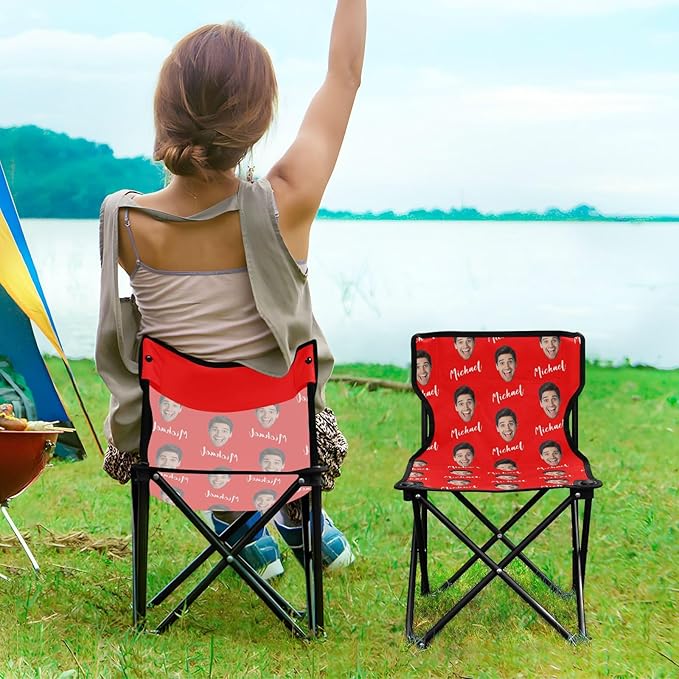 Sinestour Red Custom Photo Folding Camping Chair for Teen Child Personalized Name 14.6×14.6in Portable Outdoor Chair with Carry Bag for Barbeques Travel Lawn