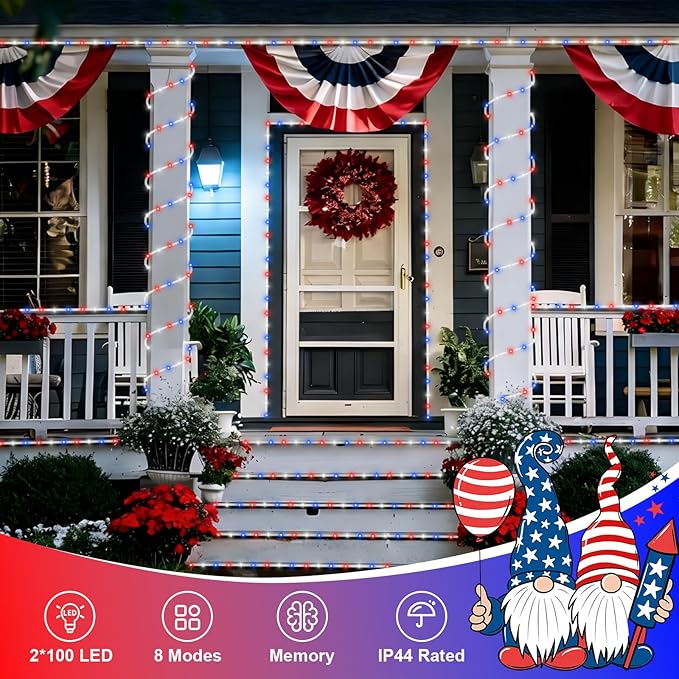 QITONG Red White Blue Solar Rope Lights 2 Pack Each 33ft 100 LED 4th of July String Lights 8 Modes Fairy Lights in Clear Thin Tube for Patriotic Independence Memorial Day Decor