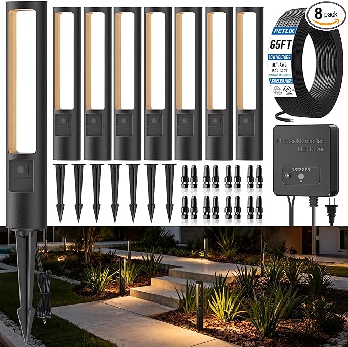 All-in-One Low Voltage Landscape Lighting Kit 8-Pack Pathway Lights with Transformer Dusk to Dawn Outdoor Lighting 5CCT IP66 Waterproof Landscape Lights with Connectors 100FT Wire for Patio