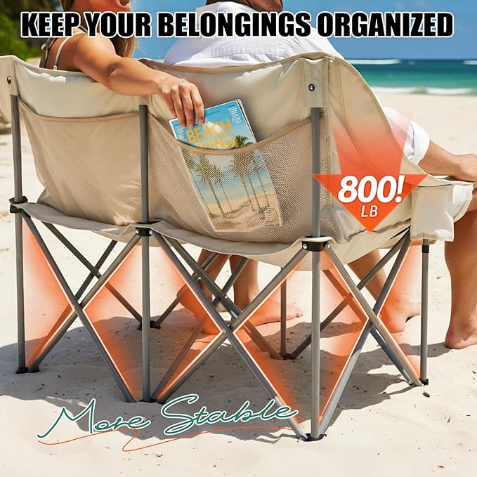 Double Camping Chair Oversized 2 Person Camp Chairs with Cup Holders Side &amp Backrest Mesh Pockets Padded Loveseat Camping Chair Foldable for Outdoor Lawn Backyard Beach Support 800LB
