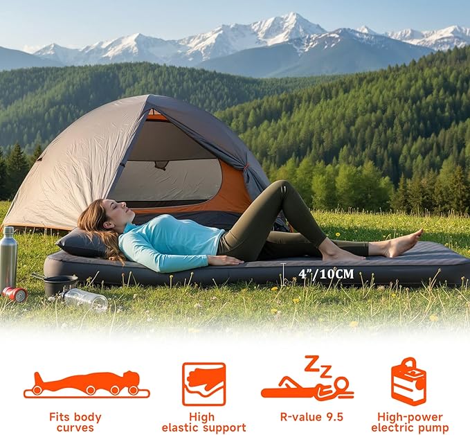 Self Inflating Sleeping PadMemory Foam Camping Mattress w/Detachable Electric Pump4 - Inch Thick Memory Foam for Ultimate Comfort for IndoorOutdoorRoad Trip4 - Season UseGray