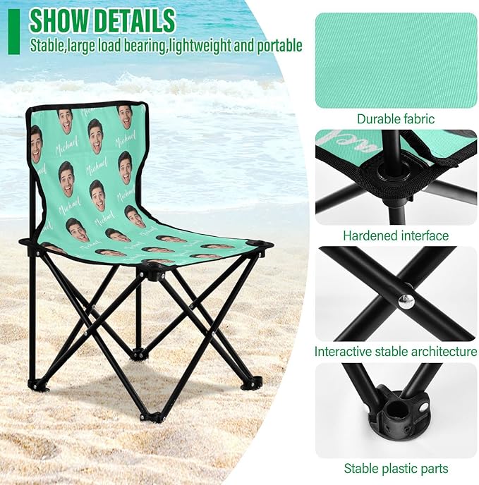 Sinestour Teal Custom Photo Folding Camping Chair for Teen Child Personalized Name 14.6×14.6in Portable Outdoor Chair with Carry Bag for Beach Picnic Travel