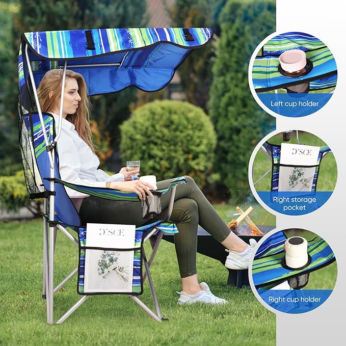 Portable Camping Chair with Canopy - Folding Chair with Canopy Durable 600D Oxford Canopy Chair for Camping Beach Picnics Fishing &amp Sports