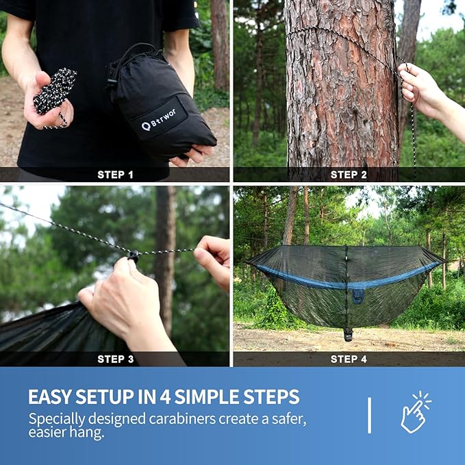 Hammock Anti-Mosquito System - Includes Double Hammock and Bug Net - Set of Essentials for Camping Hiking (Blue Hammock + Bug net)