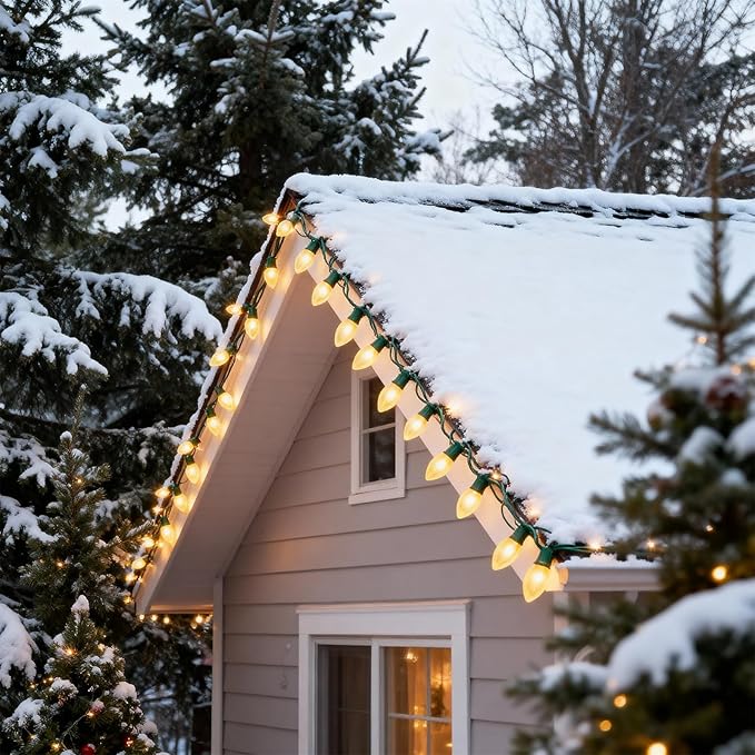 25 FT C9 Frosted Christmas LightsWarm White Outdoor Light with 26 Bulbs(1 Spare) C9/ E17 BaseOld Fashioned Christmas Lights for Roofline Yard Garden Wedding Decorations