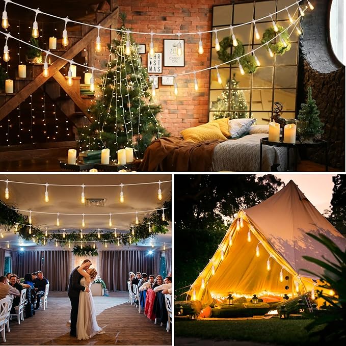 96FT(2 * 48FT) Outdoor String Lights with Remote Dimmable Patio Lights with 30+4 3 Modes 4 Timers LED Bulbs for Deck Gazebo White 2 Pack