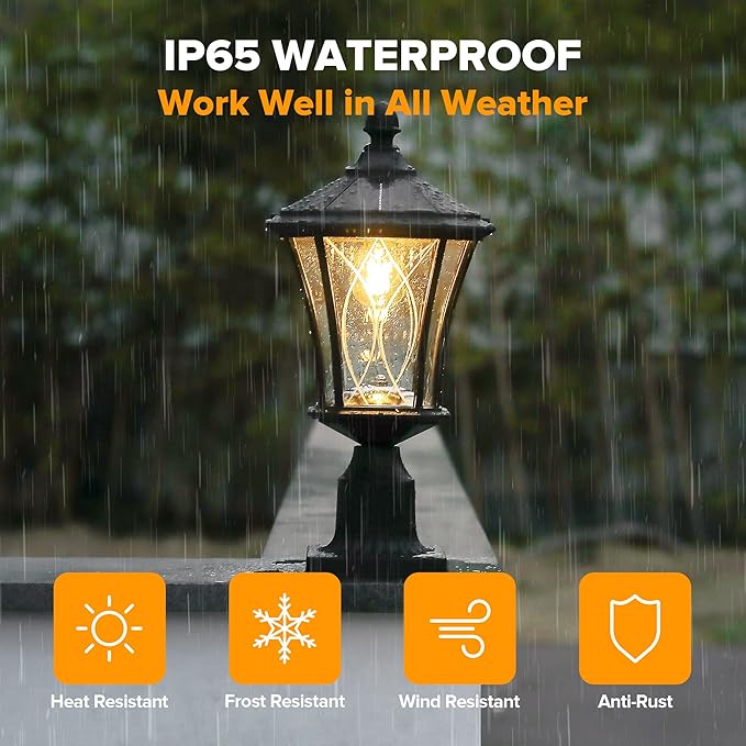 LUTEC Outdoor Solar Lamp Post Light with Pier Mount Base Dusk to Dawn Waterproof Pole Light Head with Patterned Glass Exterior Black Solar Powered Fence Post Light Fixtures for Outside